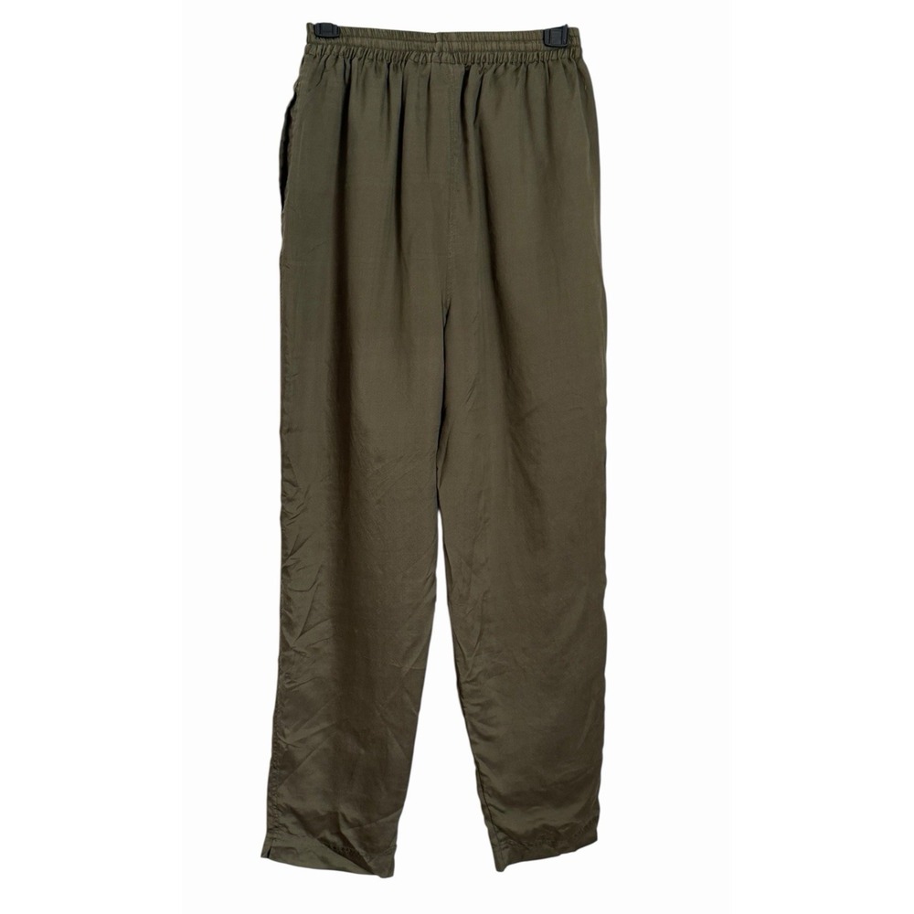 Vintage Silk Blend Pants Womens Size M Olive Green Relaxed Trousers Quiet Luxury - Picture 2 of 11